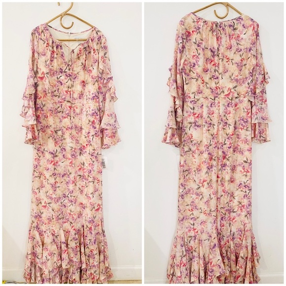 Mikael Aghal flutter sleeve pink floral gown - Picture 3 of 15